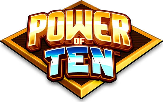 The Power of Ten wordmark: gold and ice-blue lettering set on a tilted gold diamond badge