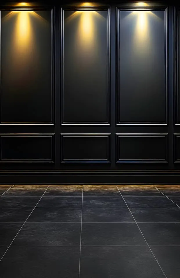 A tall crop of the game's salon setting, panelled wall above and tiled floor below, in the proportions of a phone screen held upright