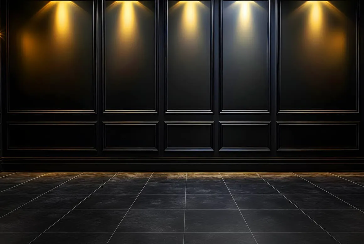 The black panelled salon wall and polished floor the game is set in, lit by five warm ceiling spots