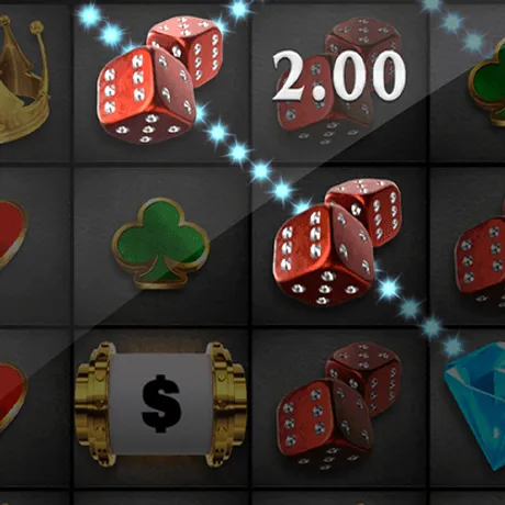A close crop of four board cells, showing the gold cash case symbol beside the dice symbols and a lit win line