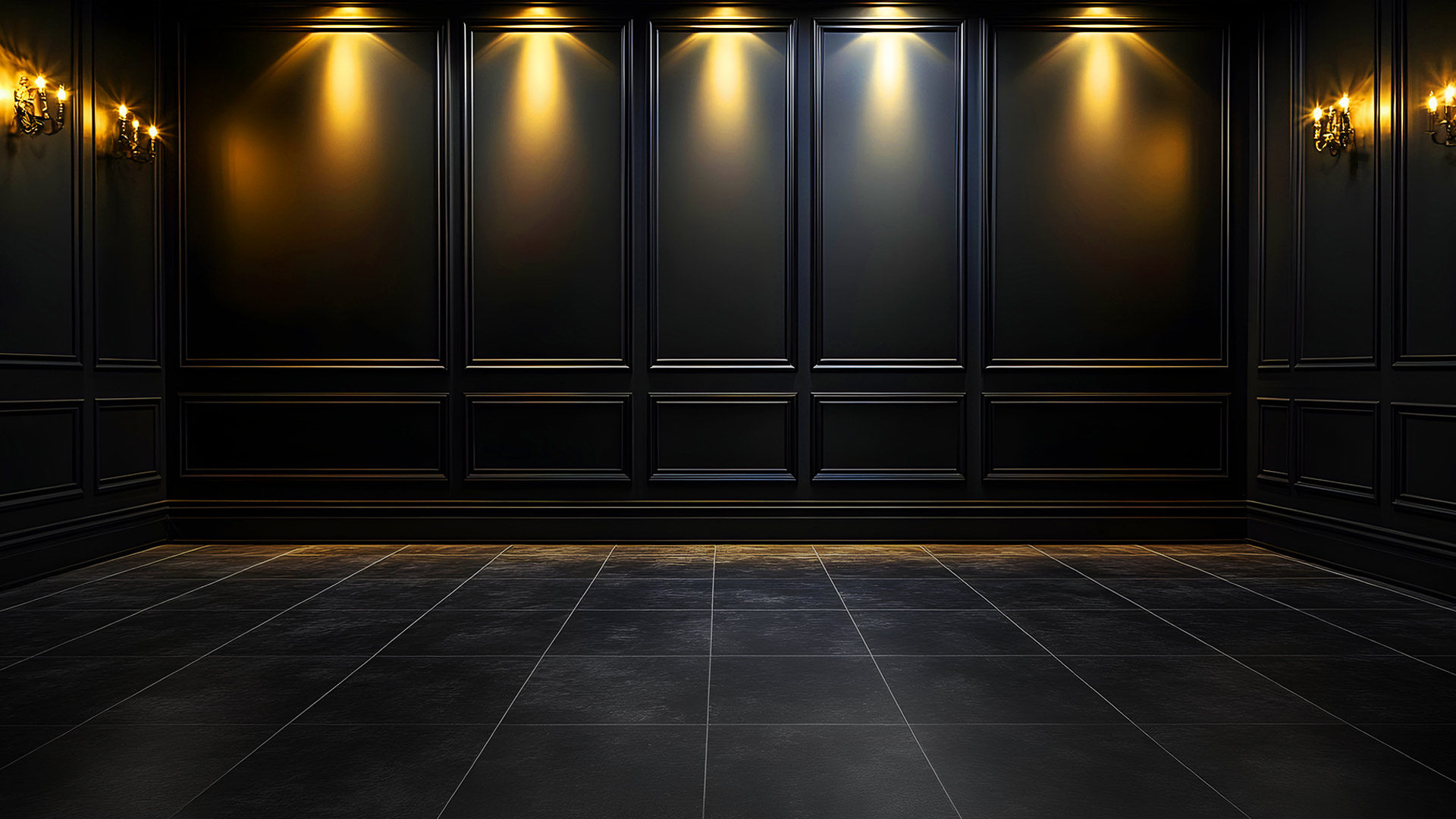 Power of Ten black salon background with gold spotlights and wall panels