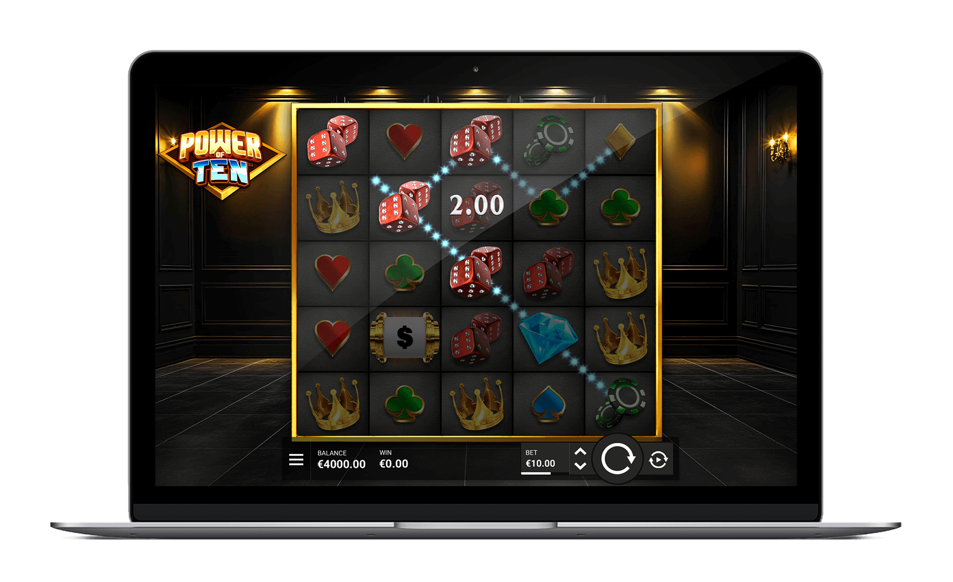 Power of Ten game displayed on a laptop with five reels and salon symbols