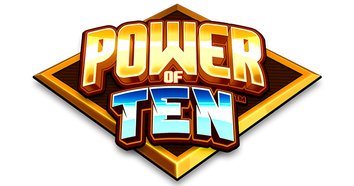Power of Ten orange white and blue game logo on a geometric badge