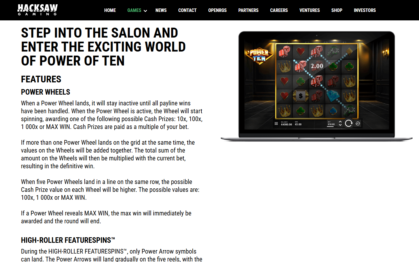 Official Power of Ten feature page showing Power Wheels text and game device