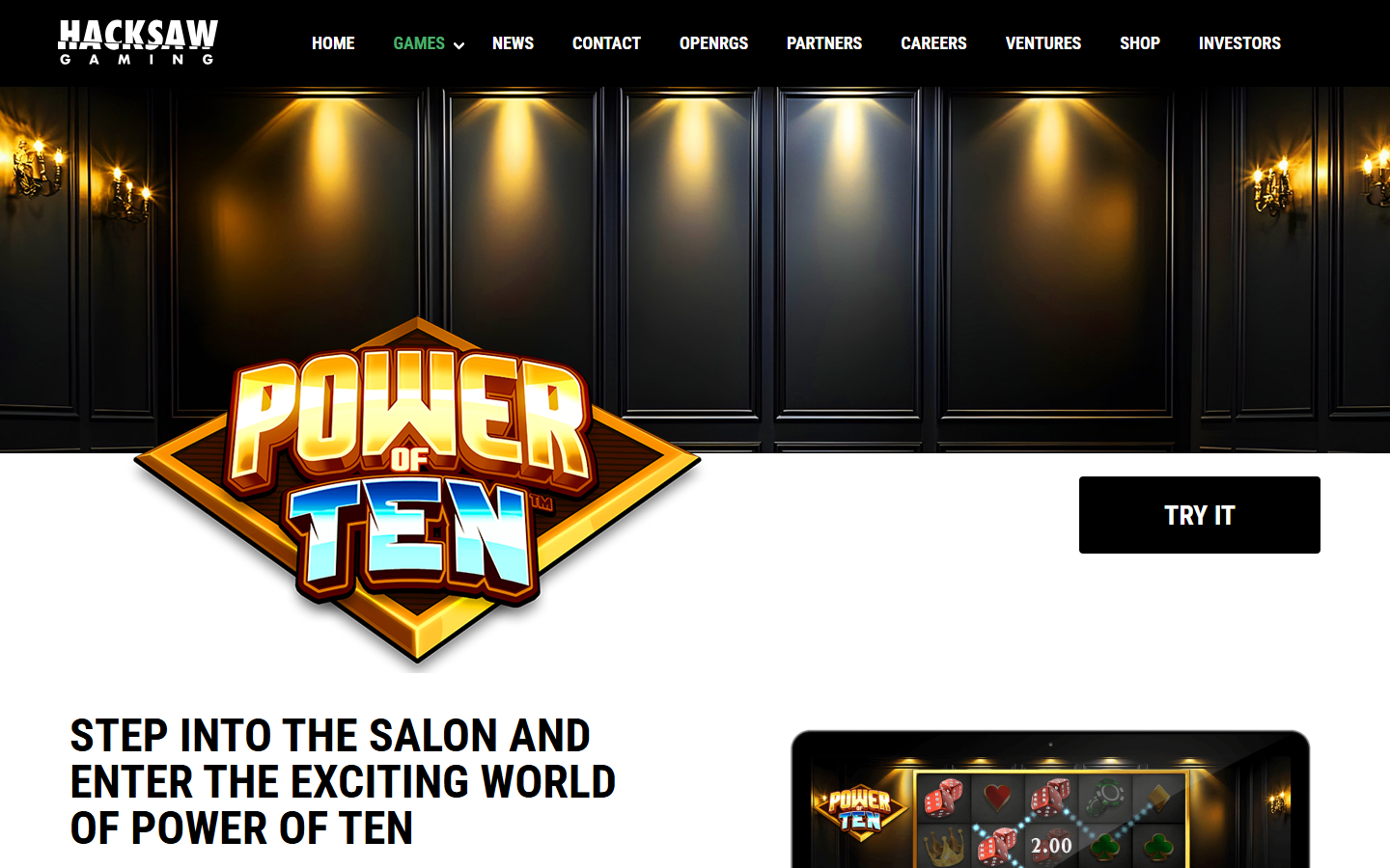Official Power of Ten salon page with illuminated panels, logo and game screen